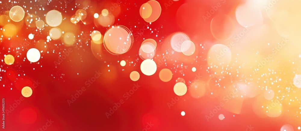 Poster Bokeh lights in white and yellow tones against a vibrant red background creating a festive and cheerful atmosphere for design projects.