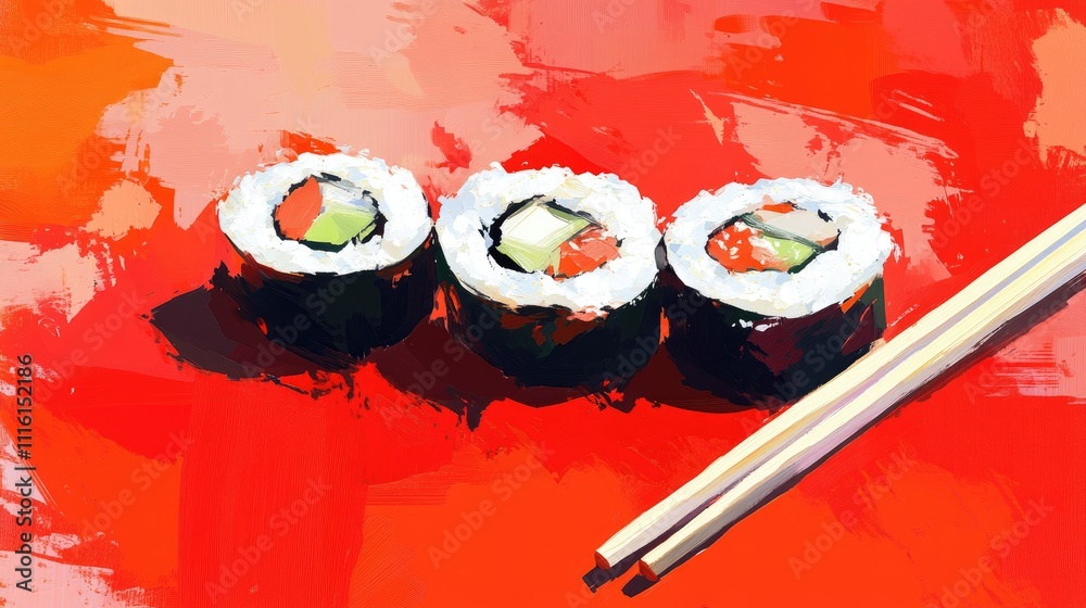 Poster colorful close-up of sushi rolls with fresh ingredients on abstract background with chopsticks ready
