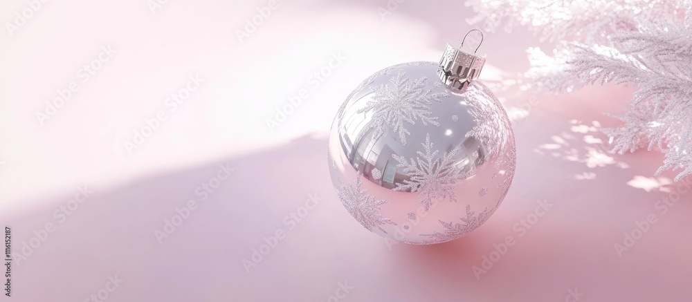 Aufkleber aerial view of a silver christmas ball with snowflakes on a soft pink pastel background creating a f