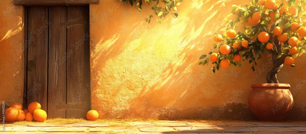 Aufkleber Cinnamon and oranges rustic backdrop with warm sunlight and vibrant orange tree create a cozy and inviting atmosphere for design projects