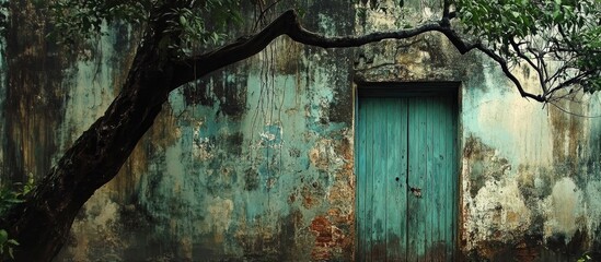 Charming weathered blue door surrounded by textured peeling walls and a tree branch in a serene outdoor setting