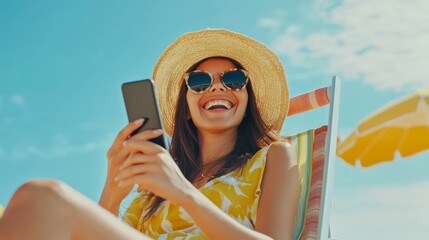Happy woman at the beach on beach deck chair, sunbathing, uses mobile phone, in a sunny day with blue sky, concept a summer beach holiday, online shopping, booking travel, and resorts 