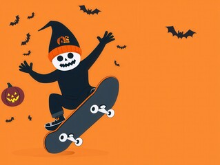 A playful skeleton skateboarding against an orange background, surrounded by bats and a pumpkin, captures the spirit of Halloween fun.
