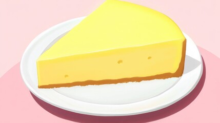 Creamy cheesecake slice on a white plate against a pastel pink background showcasing its smooth texture and rich flavor.