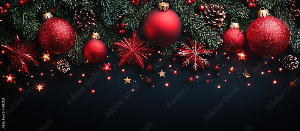 Poster festive christmas table decoration with red ornaments fir branches and pine cones creating a joyful 