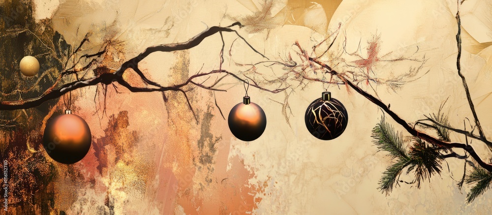 Aufkleber festive christmas ornaments hanging from tree branches with an artistic abstract background showcasi