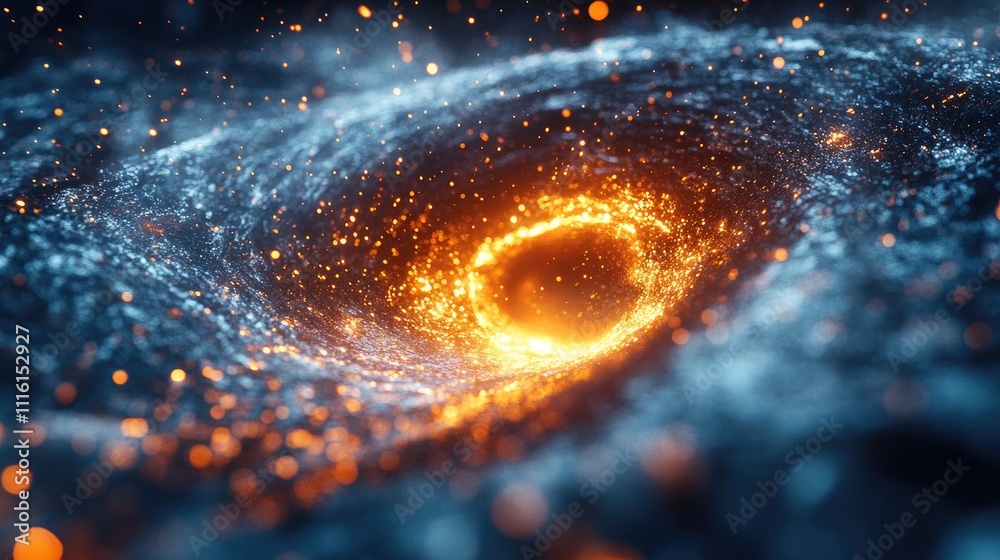 Poster abstract cosmic swirl with glowing orange and blue hues, depicting energy and light particles in a d