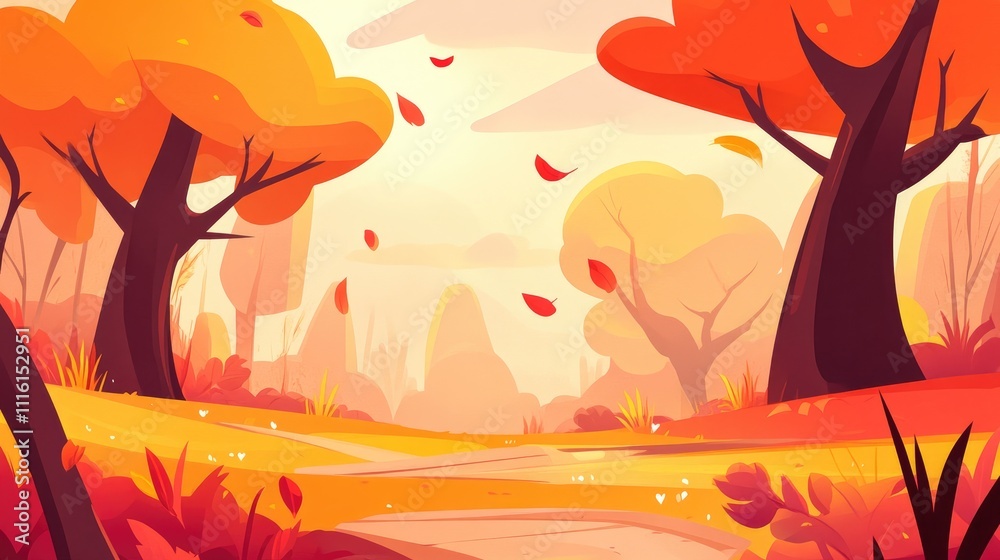 Aufkleber vibrant autumn landscape with colorful trees and falling leaves in a serene forest path setting