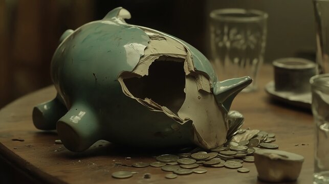 Broken piggy bank with coins scattered around, symbolizing financial struggle and the need for careful budgeting and saving.