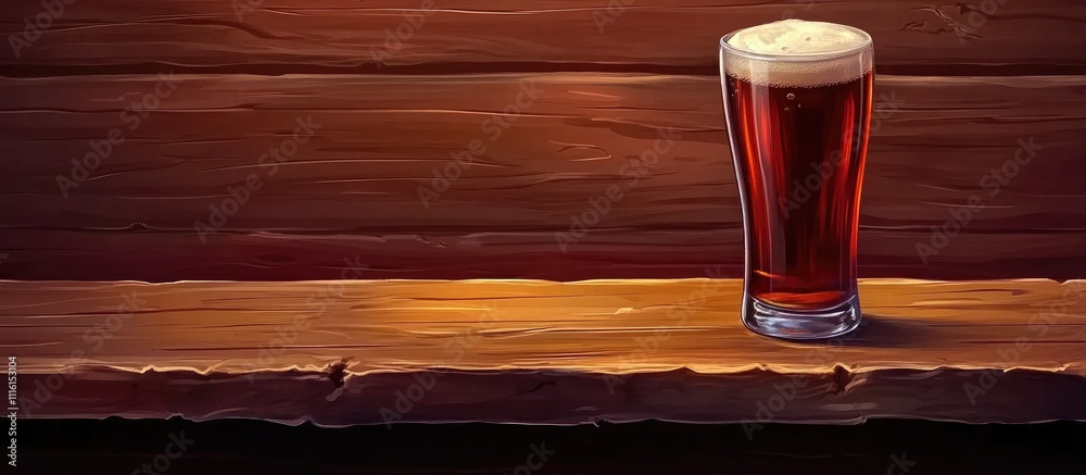 Poster Lager beer glass on rustic wooden bar counter with warm ambiance and empty space for text in festive pub setting
