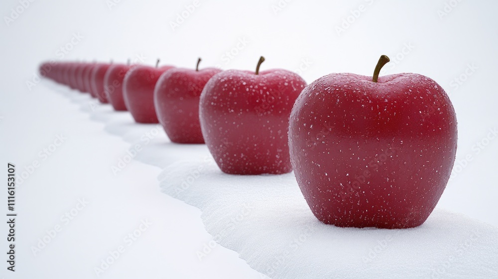 Aufkleber Red apples arranged in a seamless line on a white backdrop creating a minimalist and vibrant visual effect.