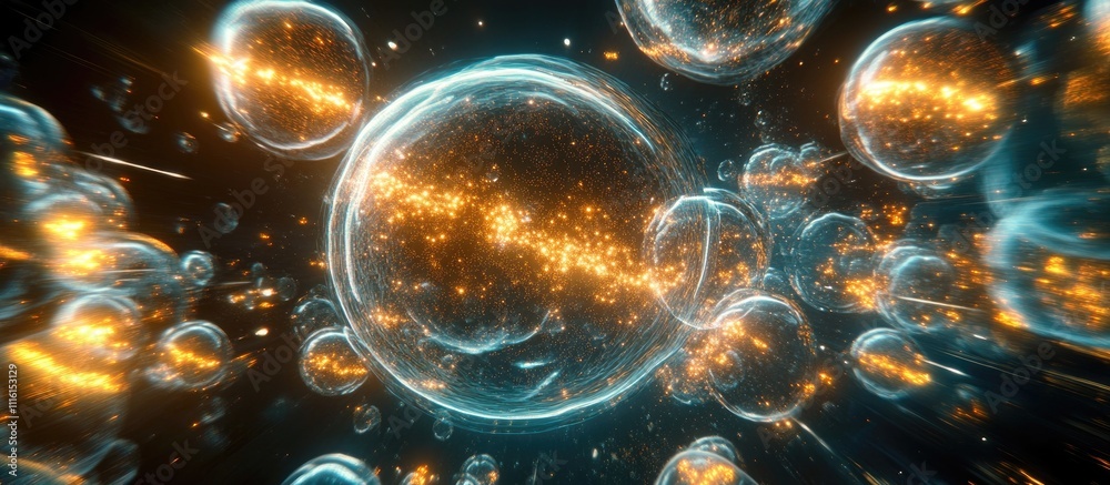 Leinwandbilder Dynamic abstract composition of luminous bubbles with glowing sparkles and fiery trails in a dark cosmic background.