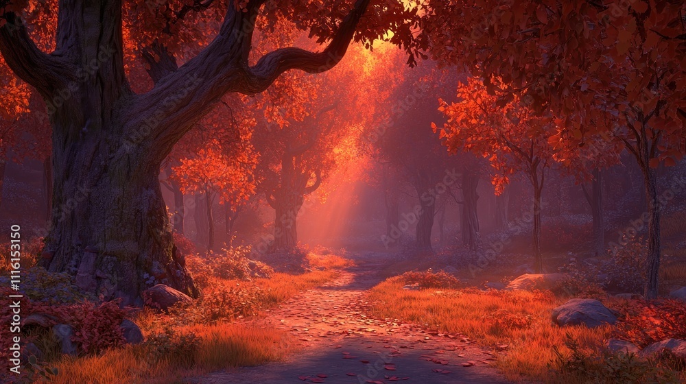 Poster autumn forest path with vibrant orange and red aspen leaves illuminated by sunset fog creating a ser