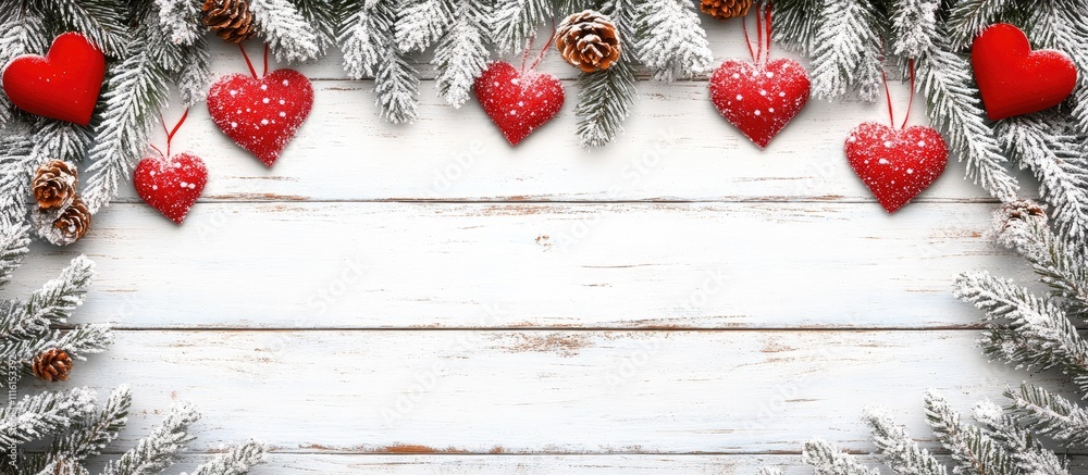 Poster festive christmas background with decorated fir tree and red hearts on white wooden board creating a