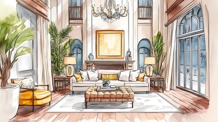 Adorable cartoon style, Detailed linear watercolor of interior design