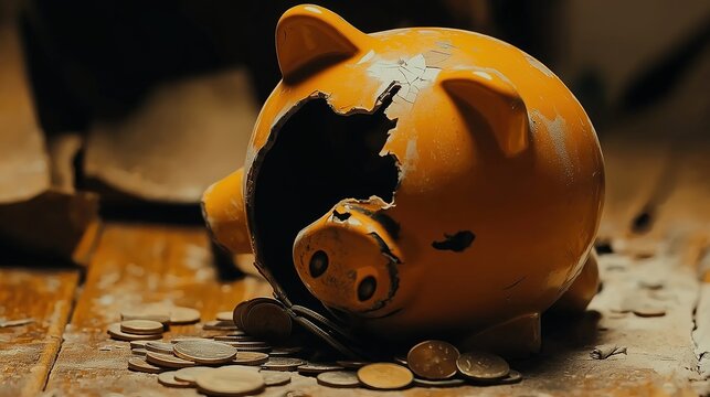 Broken piggy bank with coins scattered around, symbolizing financial struggle and the need for careful budgeting and saving.