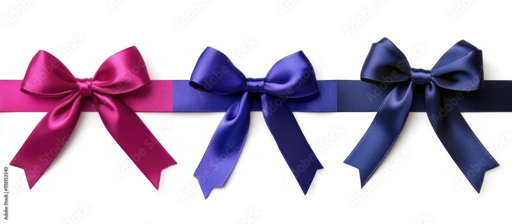 Poster Elegant collection of colorful satin bows with ribbons arranged on a clean white background for creative design and gifting concepts.