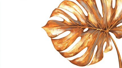 Shiny golden monstera leaf on white background elegant tropical wedding invitation template with ample copy space for personalized text