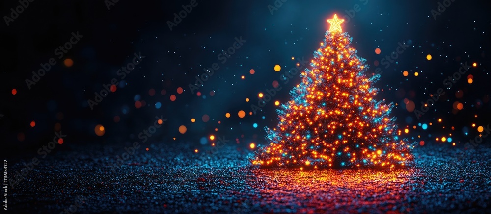 Aufkleber illuminated christmas tree made of colorful lights glowing in the dark with vibrant bokeh background