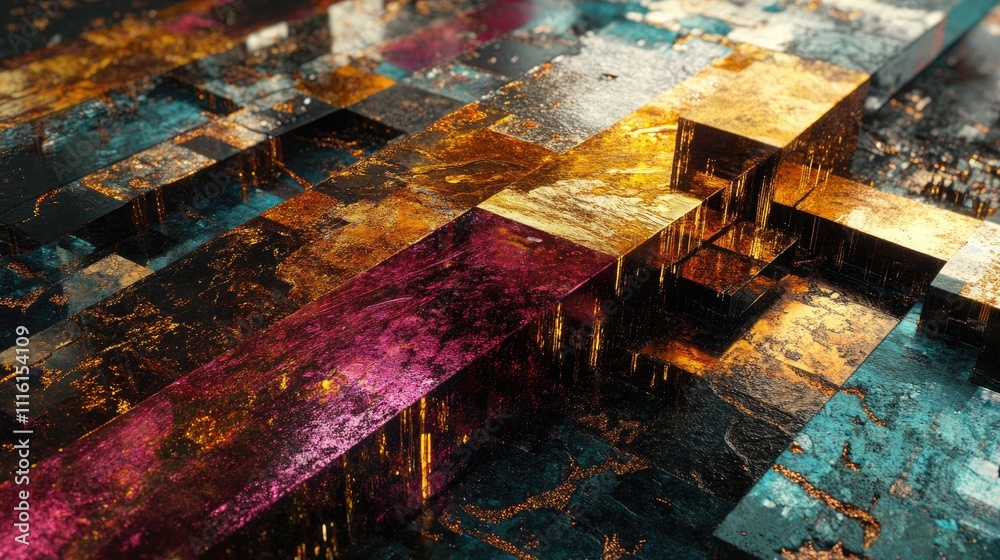 Poster Abstract close-up of colorful geometric blocks with shiny metallic textures and a modern artistic design in vivid hues and reflections