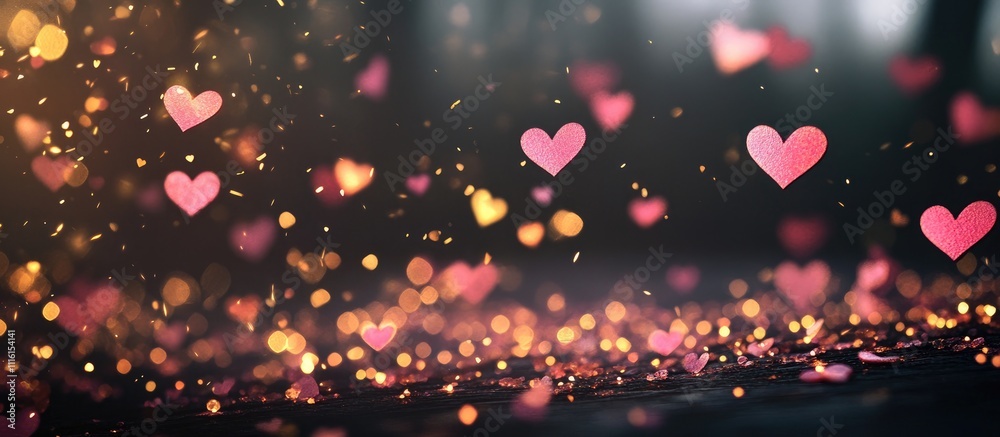 Leinwandbilder bokeh background featuring floating pink hearts with shimmering lights creating a romantic and dream