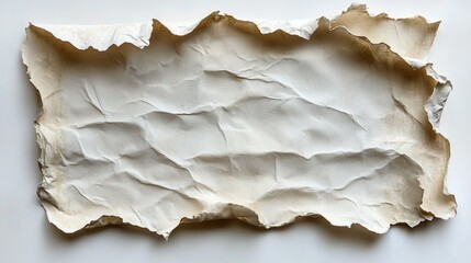 Torn vintage white notebook paper with frayed edges and adhesive tape on a clean background for artistic or creative concepts