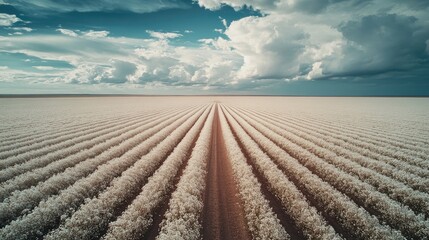 Aerial drone view of expansive cotton fields in rows, featuring fluffy white cotton blooms under a dramatic sky with clouds, agriculture, rural landscape, nature, farming.