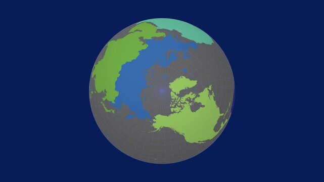 Spinning earth. North pole sphere view. Slow speed earth rotation. Colored continents style. World map with dense graticule lines on deep background. Enchanting animation.