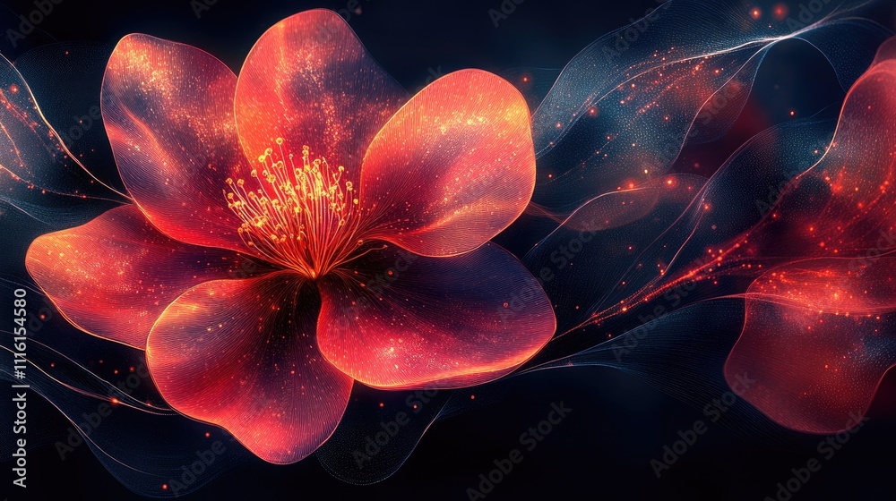 Poster Vibrant abstract floral design with glowing petals and dynamic wisps in a dark background creating a captivating visual effect.