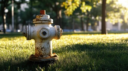 Fototapeta premium Rusted vintage fire hydrant on green grass in a sunlit park create a nostalgic outdoor urban scene with vibrant colors.
