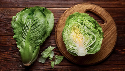 Lettuce on a wooden cutting board with slices or small pieces beside it