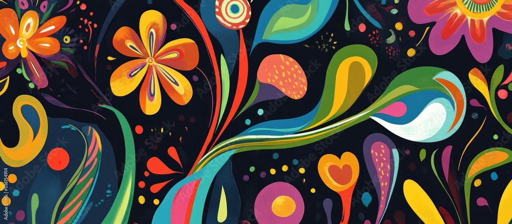 Poster Vibrant abstract floral pattern illustration with colorful swirls and shapes on a dark background for artistic design projects.