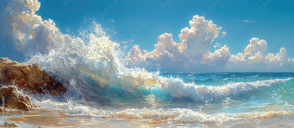 Poster dynamic coastal scene showcasing a crashing wave against a rock under a vibrant blue sky with fluffy