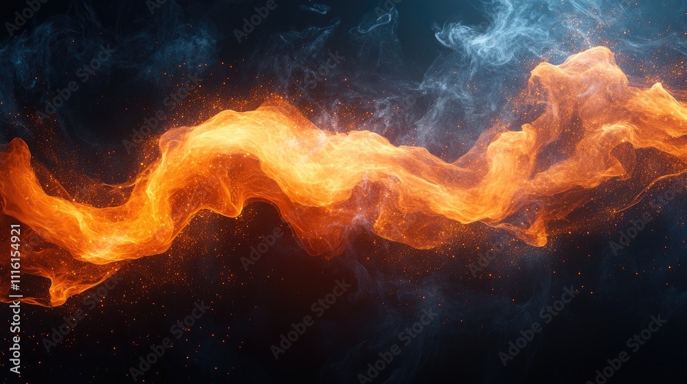 Poster Vibrant orange and black abstract flame waves flowing across a dark background creating a dramatic and captivating visual effect