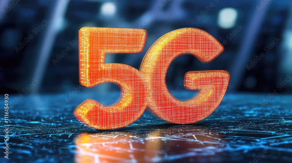 Poster 5G technology abstract visualization with glowing orange number representing next generation cellular network connectivity and global communication