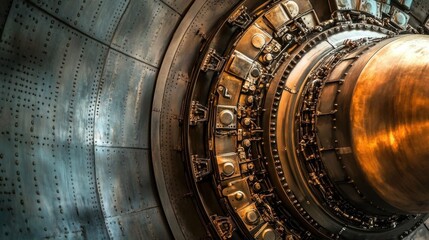 Obraz premium Close-up view of a jet engine's interior components and structure.