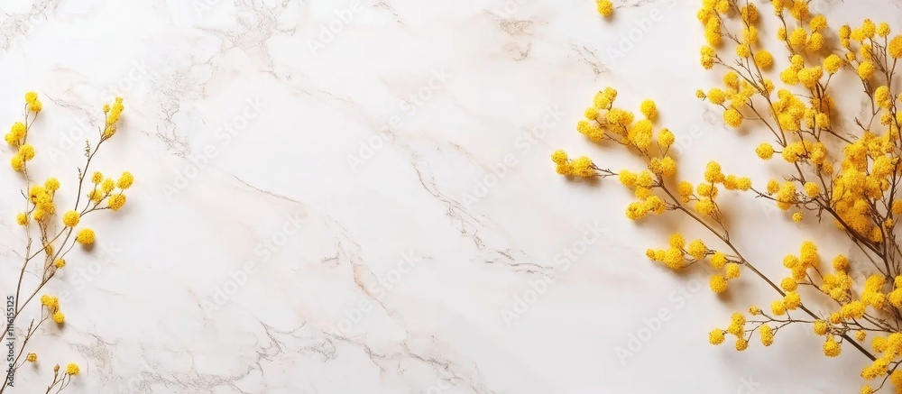 Poster mimosa flowers arranged on a marble surface creating a fresh spring ambiance with ample space for te