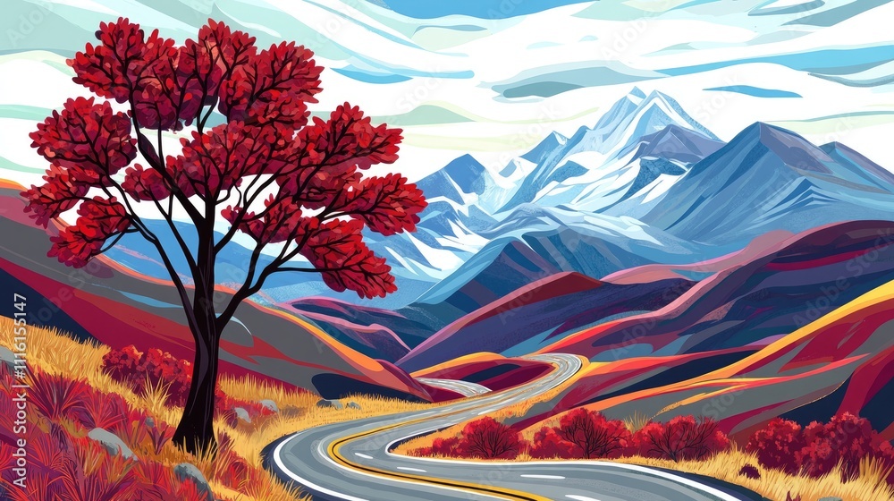 Poster autumn adventure on a scenic highway through vibrant landscapes with colorful mountains and trees in