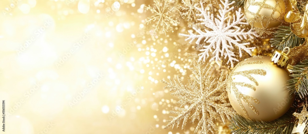 Poster Elegant Christmas decorations with golden ornaments and snowflakes on a shimmering blurred background suitable for text placement