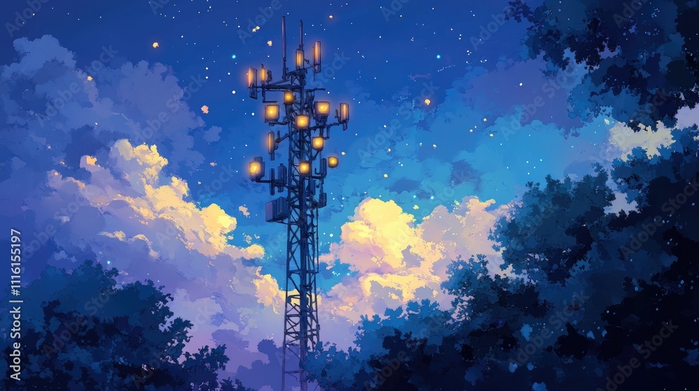 Aufkleber Cellular communication tower illuminated at night with starry sky and vibrant clouds surrounded by lush trees