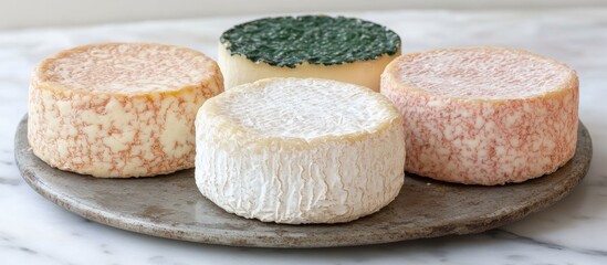 Artisan cheese platter showcasing a curated selection of distinctive cheeses on a rustic serving board.