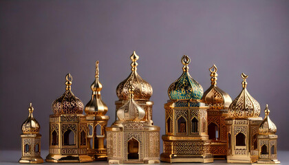 Obraz premium masjid Ramadan themed background with miniature mosque ornaments and Islamic themed ornaments on a plain gray background