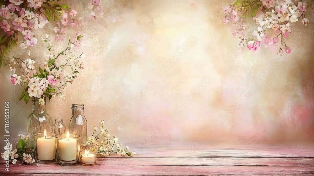 Aufkleber elegant display of white and pink flowers in glass bottles with candles on a rustic table against a 