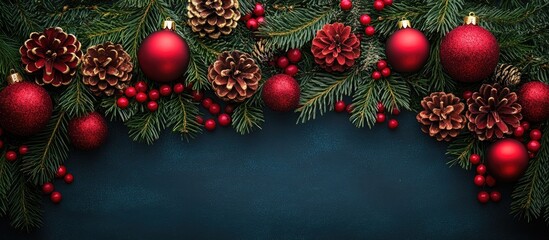 Christmas festive backdrop with red ornaments pinecones and greenery for customizable holiday copy and seasonal promotions
