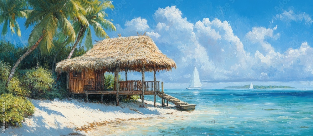 Poster tropical beach scene with a thatched hut surrounded by palm trees and a serene ocean view under a br