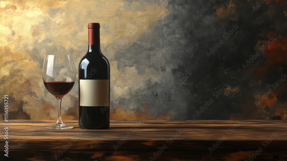 Poster elegant red wine bottle and glass on a rustic wooden table with a textured artistic background showc