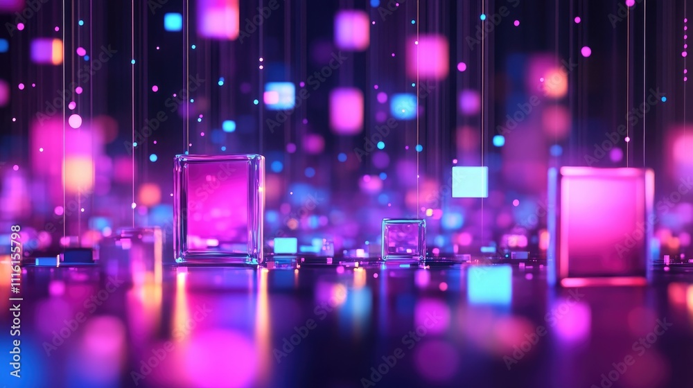 Poster Abstract technology background with glowing neon cubes and blocks in vibrant colors creating a digital business concept illustration