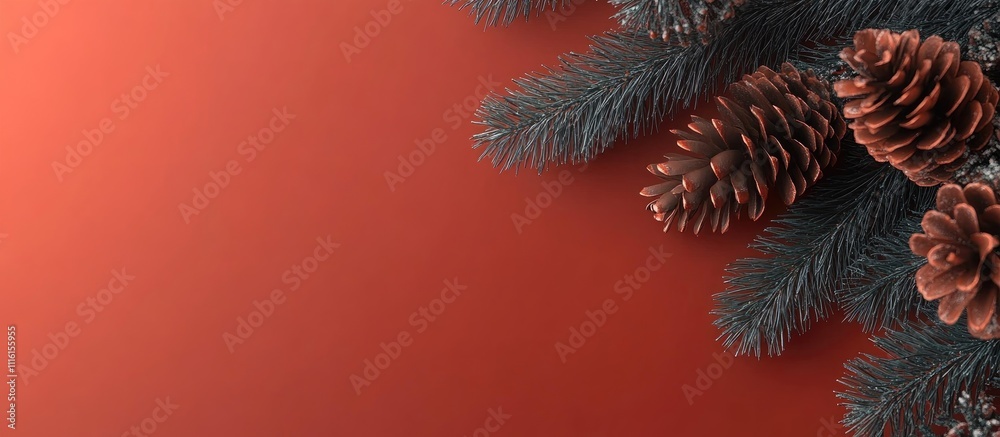 Poster christmas and new year festive backdrop with pine cones and tree branches on red background perfect 