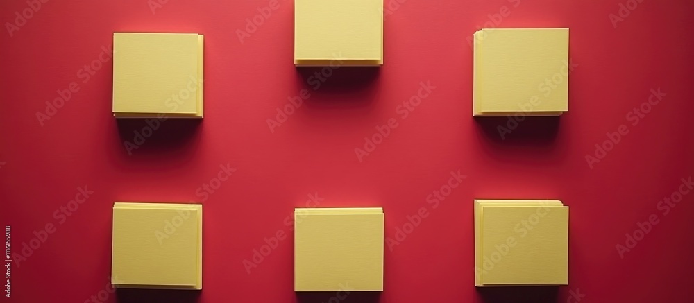 Leinwandbilder Yellow square boxes arranged on a vibrant red background creating a visually striking decorative display for modern design concepts.