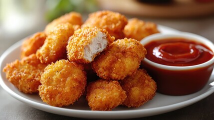 Golden crispy chicken nuggets arranged on a white plate with a small bowl of ketchup, ideal for food photography, culinary use, fast food, snack, restaurant.